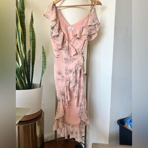 Allison New York Blush Pink and silver ruffle asymmetrical neckline wrap dress